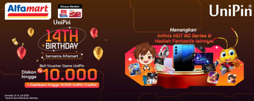 14th Birthday UniPin bersama Alfamart! Hadiah melimpah, diskon dan cashback unlimited!